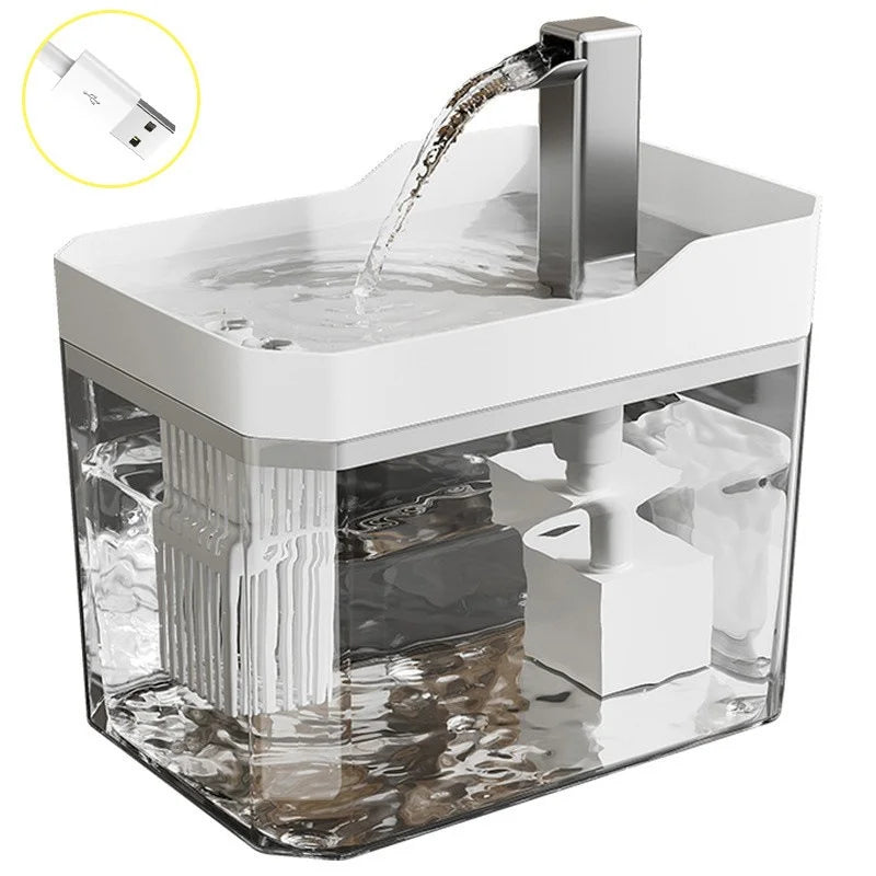 Fontaine à eau USB pour chats avec filtre automatique, distributeur transparent anti-surchauffe et recirculation, pompe incluse.